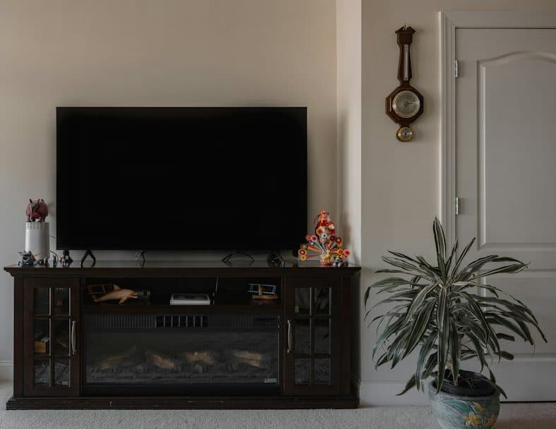 A large flat-screen TV, switched off, on a dark wooden stand in a bright living room: the screen NEWDYTV streams to in 4K
